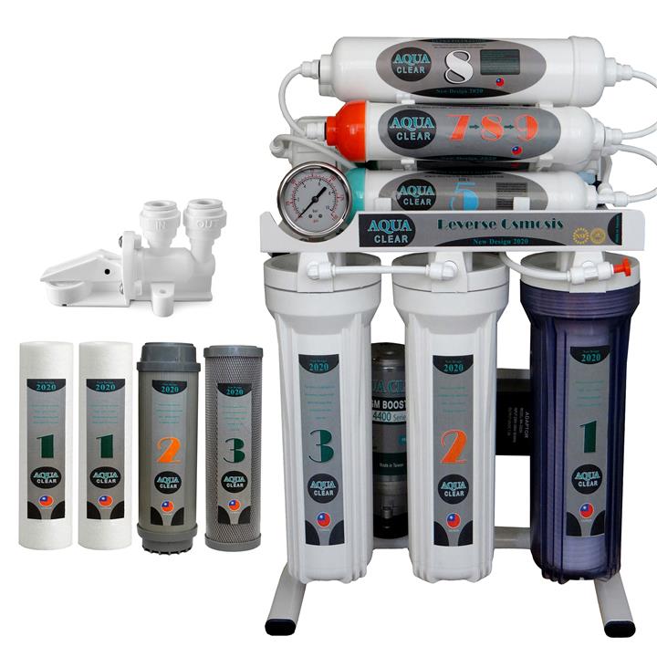 دستگاه تصفیه کننده آب آکوآ کلیر مدل NEW DESIGN2020-AFQ9 به همراه فیلتر مدل 002 مجموعه 4 عددی و کیت نشتی گیر